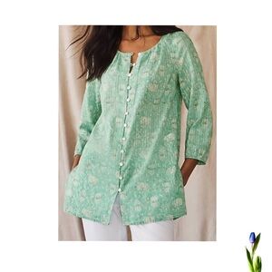 Pure Jill Green 3/4 Sleeve Buttoned Tunic mint and white
